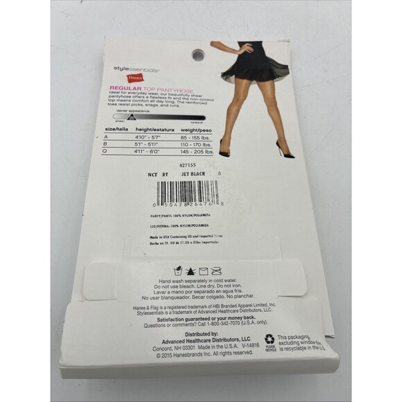 Hanes Regular Top Pantyhose Reinforced Toe Sheer Leg Size B jet black (2 Pair) - Picture 2 of 4